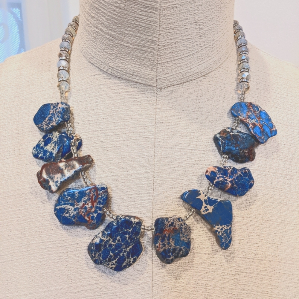 Dark Blue Impression Jasper statement stone necklace crystals New Boho 22 inches